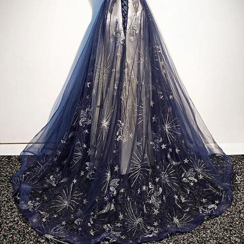 Blue, Black, Pink, Yellow, Star Moon Horse Embroidery Floral Soft Tulle Lace Fabric For Exquisite Bridal Wedding, By The Yard