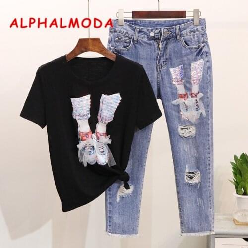 ALPHALMODA Women 2019 New Sequined Gauze Shoe Short Sleeve T-shirt Ripped Hole Calf-length Jeans Trendy Clothing Outfit