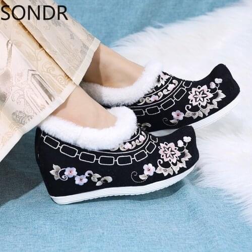 Womens Embroidery Floral Ankle Boots Hanfu Fur Liner Warm Snow Winter Hidden Heel Shoes Chinese Styles 3Colors Princess