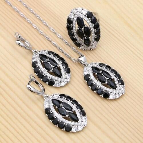 Punk Jewelry 925 Silver Jewelry Sets for Women Black Stones White Crystal Earring/Pendant/Necklace/Ring