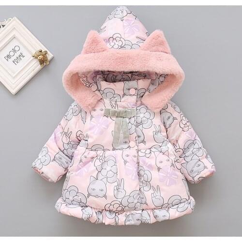 Winter Girl Jackets Plus Velvet Thick Jacket For Girls Coats Cute Printing Hooded Kid Outwear 1 2 3 4 5 Years Children Snow Wear