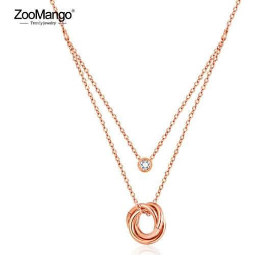 ZooMango Trendy Stainless Steel Women Necklace Rose Gold Cubic Zirconia Charm Three Circles Pendant Necklace Jewelry ZN18282