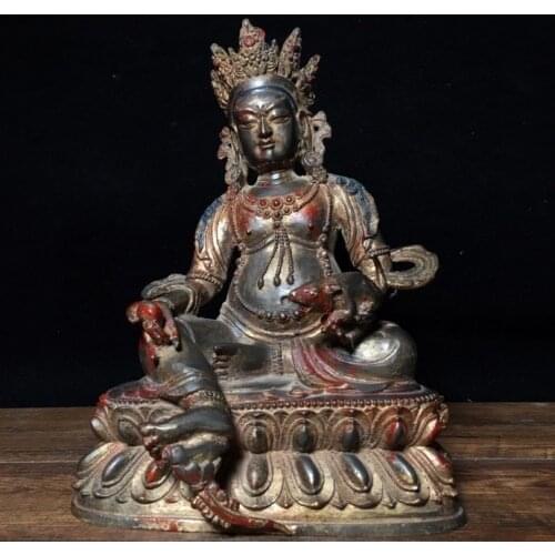 10"Tibet Buddhism Temple Old Bronze Cinnabars Yellow God of Wealth Buddha Statue Chambala (Xiang Xiongwen) Enshrine the Buddha