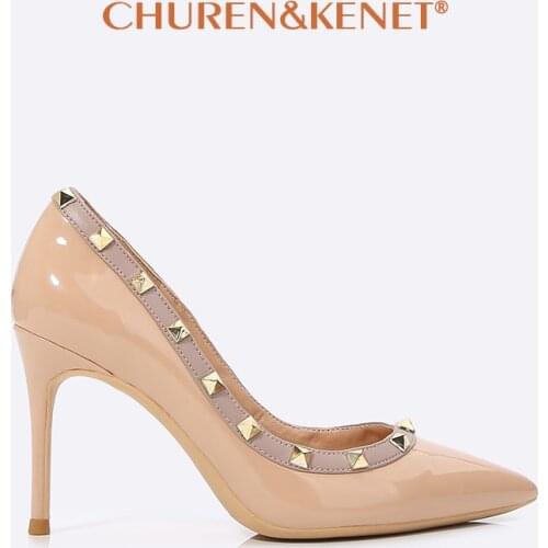 2021 Luxury Brand Studded Heels Shoes Woman Patent Leather Pointed Toe Rivets Women Pumps Nude High Heels Stilettos Party Shoes