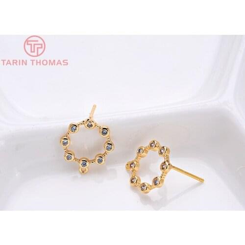 4PCS 14*12MM 24K Gold Color Brass with Zircon Round Shaped Stud Earrings High Quality Jewelry Accessories