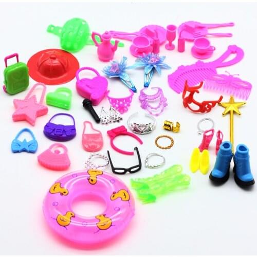 50pcs doll accessories (Bags,Glasses,Tableware,earphone, Necklace,Combs,Shoes,Swimming laps ) for 1/6barbies doll girl toy es024