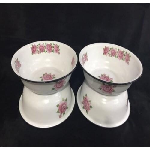 Chinese Style White Color Rose Floral Iron Enamel Big Basin Antique Fashion Bowl for Baguette Food Storage Container