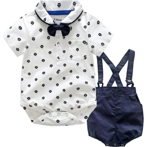 Baby Suit Bow Tie Summer Newborn Boy Clothing Set Cotton Baby Rompers + Strap Shorts 3-24M