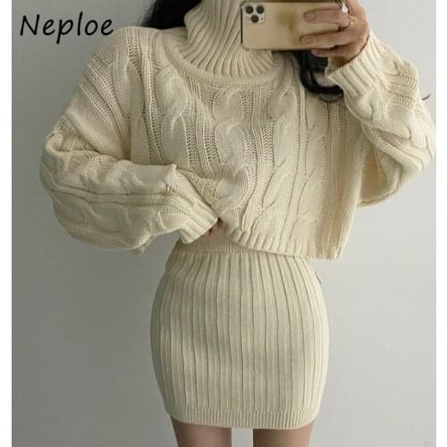 Neploe Two Picecs Set Women Korean Chic Autumn and Winter Hemp Flower High Neck Short Sweater + Bodycon Knitted Skirt Suit