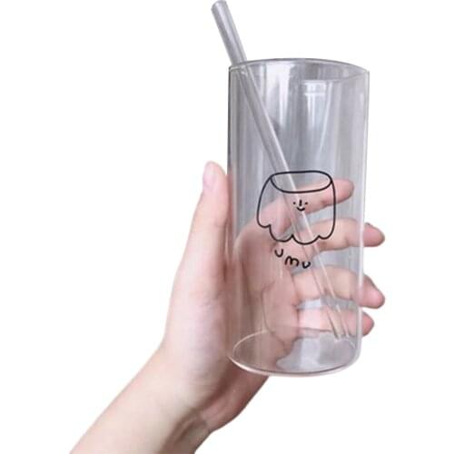 Korean Style Cartoon Glass Cup With Straw Transparent Coffee Milk Tea Mug Cute Water Cups Children Drink Bottle
