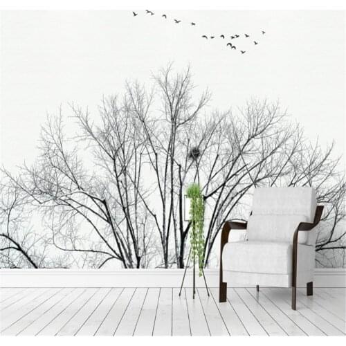 Milofi custom large non-woven wallpaper mural modern minimalist Nordic wind dry tree flying bird black and white style backgroun