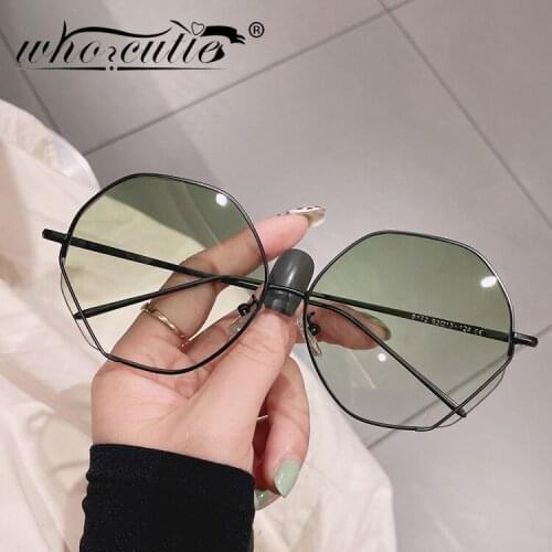 Fashion 2021 Octagon Metal Green Sunglasses Women Brand Design Vintage Oversized Square Frame Gradient Lens Sun Glasses Shades