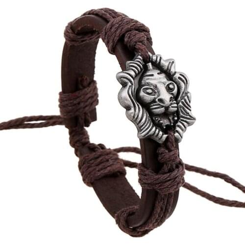 Men Women Punk Vintage Lion Head Leo Alloy Charm Leather Cuff Bracelets Rope Chain Bangle Wrap Wristbands Fashion Hiphop Jewelry