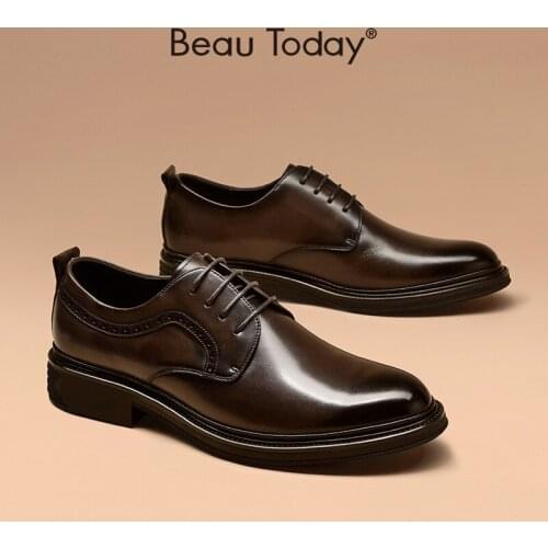 Mens Dress Shoes Genuine Cow Leather Formal Office Suit Round Toe Brogue Derby Business Male Flats Handmade BeauToday 51066