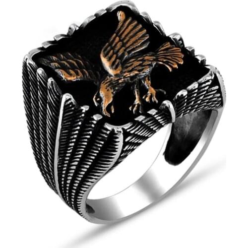 Men Handmade Silver Ring With Animal Hawk Motif, Made in Turkey, Solid 925 Sterling Silver