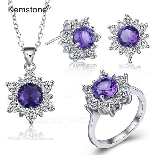Kemstone Purple Blue Green Zircon Fashion Jewelry Set Gift Pendant Necklace Ring Stud Earrings for Female Women