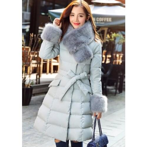 New Arrival White Duck Down Winter Jacket Women Parka Slim Ajustable Waist Jackes Female Faux Fur Collar Outwear LX312