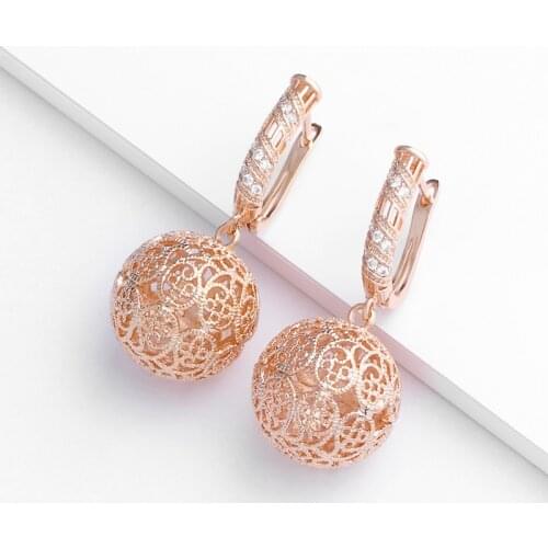 Hollow Ball Carved Rose Gold Long Dangle Earrings For Women Natural Zircon Carved Unique Drop Earrings Wedding Statement Jewelry