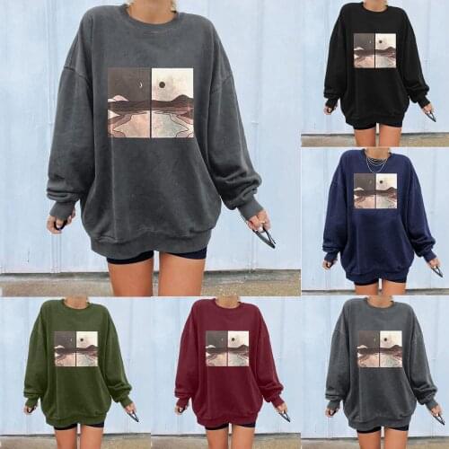 Women Casual Sweater Adults Loose Landscape Print Long Sleeve Round Neck Sweatshirt Autumn Coats