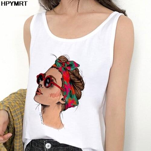 Vintage Beauty girl Print Camisole Tank Tops Women Crop Top Female Casual O-Neck White Sleeveless Sexy Ladies Clothes Summer Top