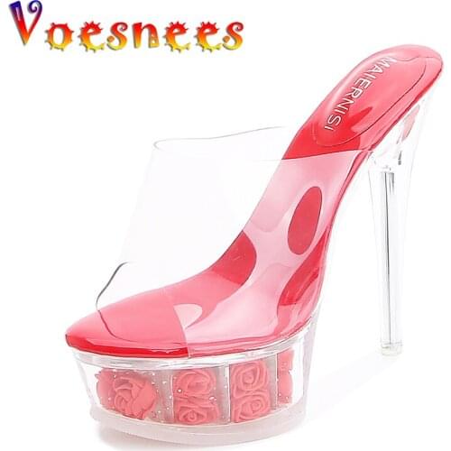 Voesnees Wedding Shoes Crystal Slippers Women Sexy High Heels Flower Platform Catwalk Transparent Thin Heels14cm Sandals Women
