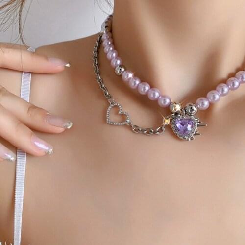 VSnow Luxury Asymmetric Purple Crystal Love Heart Chokers Necklace for Women Pearl Hollow Chunky Chain Beaded Necklace Jewelry
