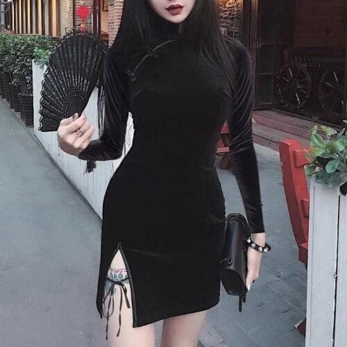 New Women Korea Clothing Vintage Halloween Lace Sexy Mini Dress Gothic Ladies Club Party Dresses Long sleeve Black Velvet Autumn