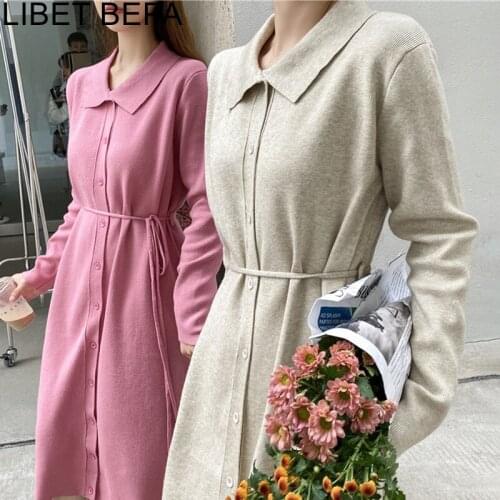 2021 New Spring Autumn Women Knitting Dress Basic Bottoming Warm Buttons Fashionable Elasticity Lace Up Lady Long Dresses DR4989