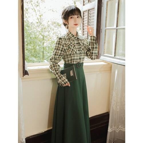 2020 new fashion womens clothing Full Turn-down Collar Plaid Vintage dresses women dress