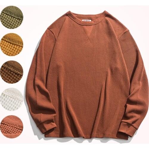 2020 Autumn American Retro Casual Round Neck T-shirt Japanese Heavy Weight High Quality Waffle Simple Long-sleeved Base T-shirt