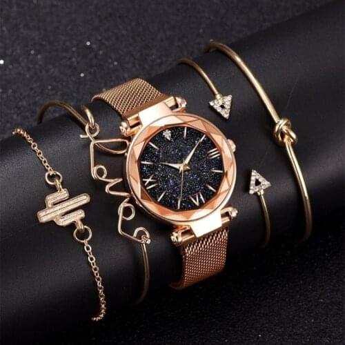 5pcs set Fashion Women Watches Bracelet Magnetic Starry Sky Female Mesh Strap Quartz Ladies Wristwatch Relogio Feminino