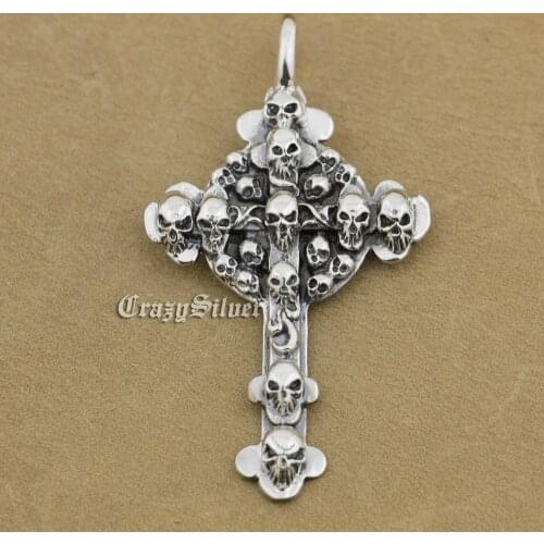 925 Sterling Silver Cross Skulls Mens Biker Rocker Punk Pendant 9V013