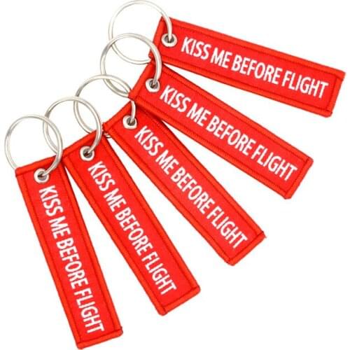 5pieces size7.7*2cm Keychain KISS ME BEFORE FLIGHT Warning Pendant duplex Woven label Aviation gift Key chains
