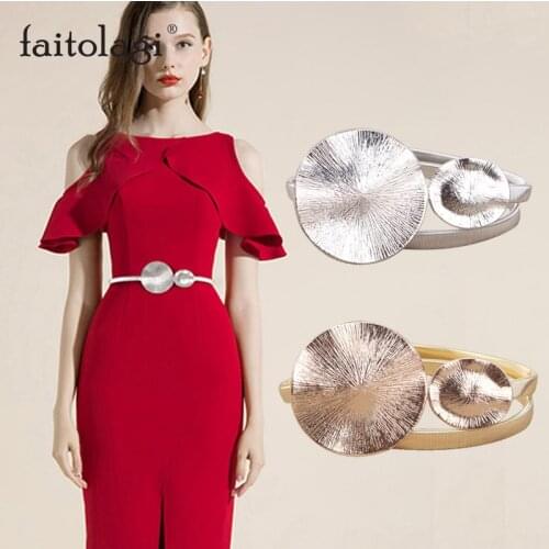 Elastic Metal Waist Belts For Dresses Metal Silver Gold Color Ladies Belts Stretch Skinny Female Round Leaf Buckle Women Belts
