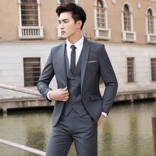 3 Pieces Suits Wedding Dress Fit Suits For Men Blazers Jackets+Pants+Vest Men Blue Solid Suits Male Formal Wear Suits Size 4XL