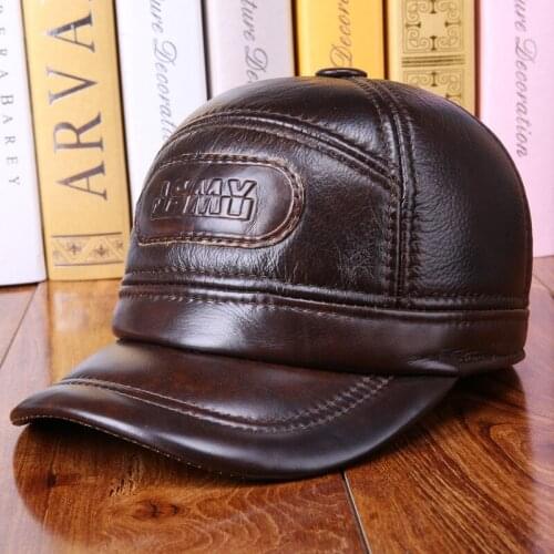 New Arrival Mens Leather Hat Adult Baseball Cap Genuone Leather Baseball Hat Elderly Outdoor Ear Protection Peaked Cap B-7250