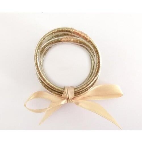 45*45MM Rainbow Glitter Bowknot Bangles Set for 0-4 year old kids Stack Silicone Circle Glaring Small Size Bangles 5 Pcs/ Set