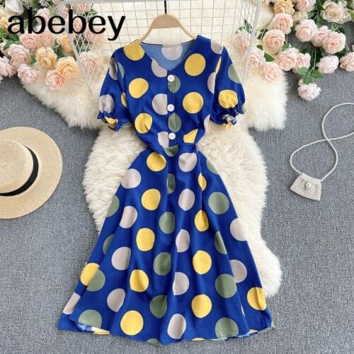 Women French Dot Dress Retro Puff Sleeve A-line Dresses Summer Bohemian Casual Vacation Print Dress