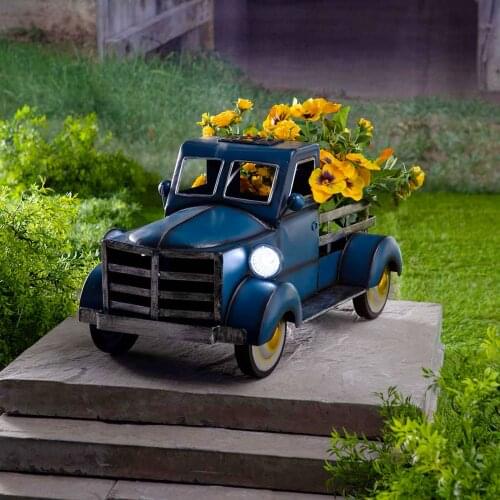 Retro Style Solar Pickup Truck Garden Ornaments Truck Flower Pot With Car Light Yard Garden Art Decoration Outdoor Garten Decor