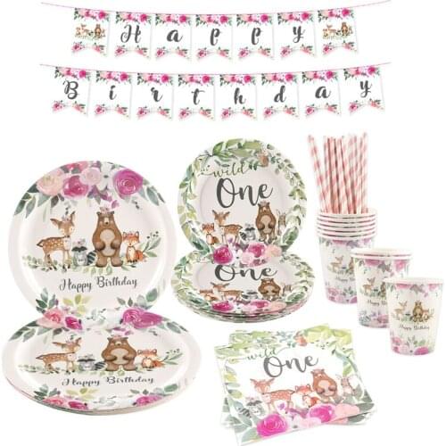 Jungle Animal Party Wild One Tableware Safari Birthday Party Decoration Kids Disposable Tableware Banner Baby Shower Girl Party