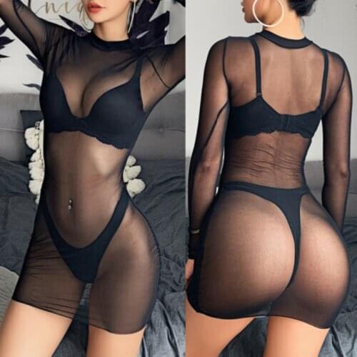 Sexy Pure Net Yarn Transparent Long-sleeved Crop Top Womens Sexy Dress Mini Dress Thin Black Dress Tight Dress