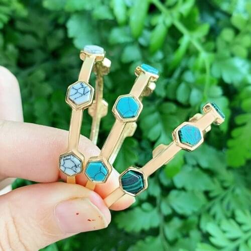 SAY HELLO Turquoises Malachite Hollow Double Sided Bead Inlay Hoop Earrings Ethnic Style Street Fashion Metal Chain Women B0110