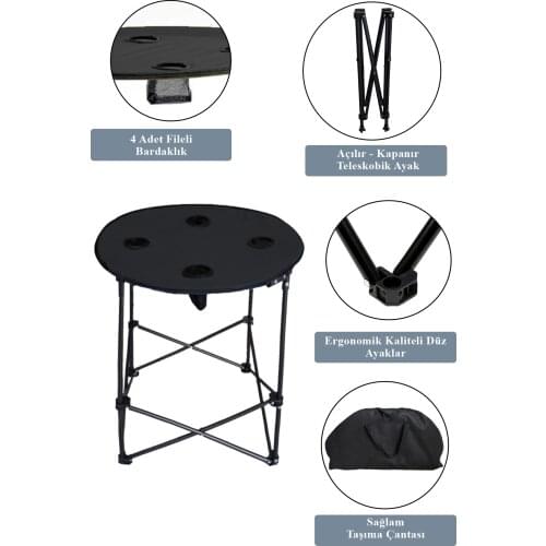 Camping table Round Garden Table Bag Beach Table Folding Bardaklıklı Camping Desk-black