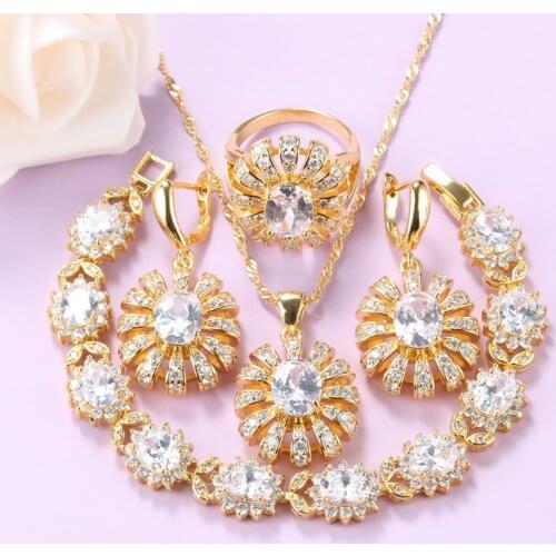 Bridal African Big Jewelry Sets Gold-Color White CZ Crystal Earrings And Necklace Bracelet Ring Women Wedding Costume Sets
