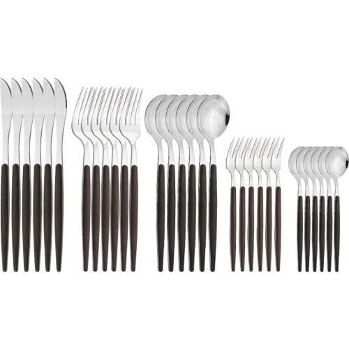 Dark Brown Glossy Gold Dinnerware Set Stainless Steel Cutlery Set Wooden Texture Tableware Knife Frui Fork Spoons Tableware Set