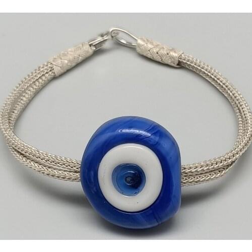 Trabzon Kazaz Wristband hand-knitted 1000 sterling silver with blue evil eye bead