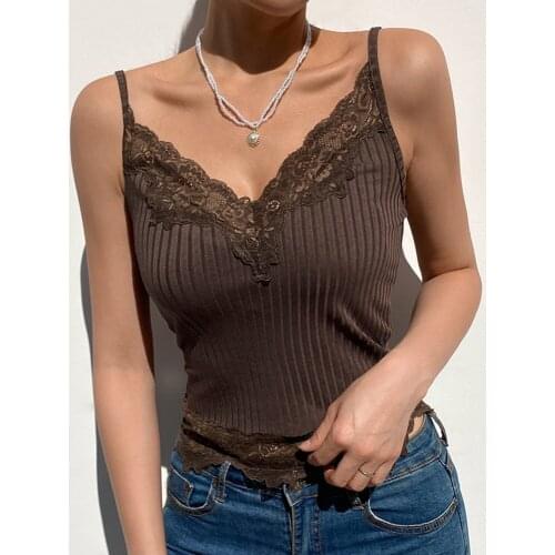 Patchwork Lace Brown Y2K Crop Top Summer V Neck Sexy Sleeveless Cami Tops Tees 90s Backless Spaghetti Strap Top 2021