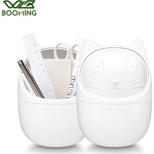 WBBOOMING Mini Garbage Basket Plastic Storage Box Desktop Trash Can Pen Holder Remote Control Container Cartoon Cat Waste Bin