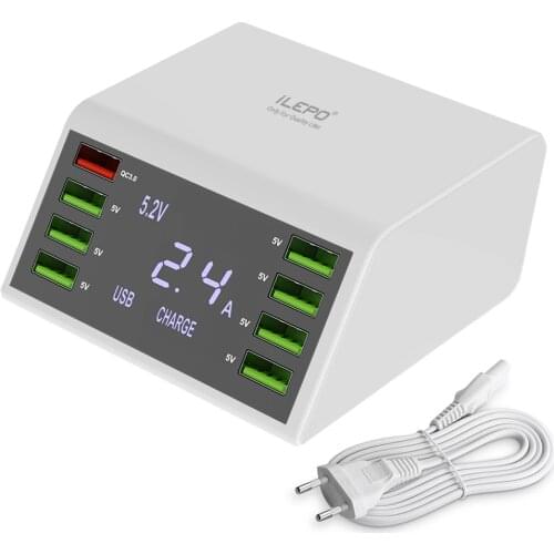 ILEPO 60W 8 Ports USB Charger QC3.0 Charging Station Quick Charge Fast Charger with LCD Digital Display For iPhone 11 Pro Tablet