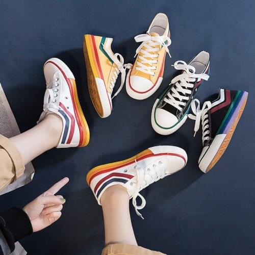 ZEEKSON Rainbow Canvas Shoes Womens Flat Casual Shoes Go Out Walking Single Shoes Simple Trend Female Student Cloth Shoes